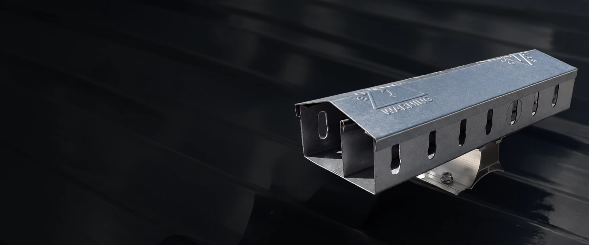 OptiMount cable tray with Peaked DC Lid on a metal roof